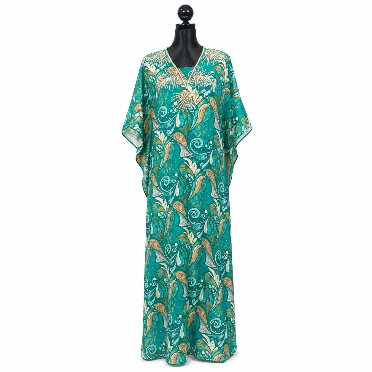 Teal Printed Long Kaftan with Relaxed Fit